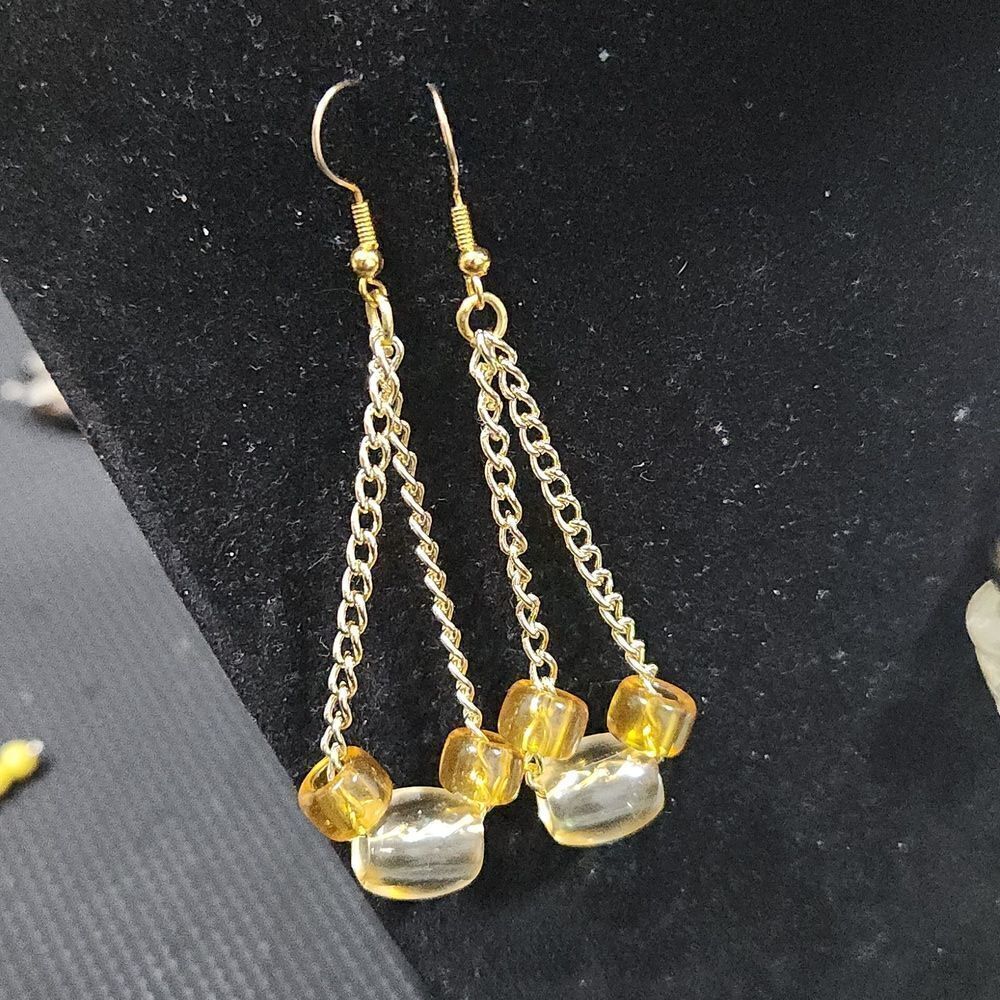 Repurposed Handmade Gold link chain drop dangle yellow & see thru bead earrings